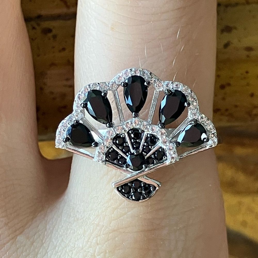 Natural Black Spinel White Topaz Sterling Silver Ring Size 10